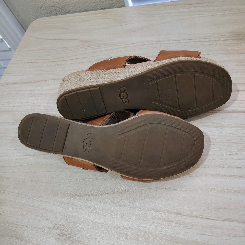 UGG Eirene Espadrille Wedge Sandals Women 10 Brown Leather Jute Boho Chic Resort